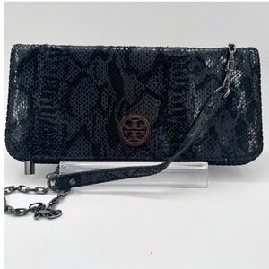 Tory Burch Black Snakeskin Embossed Convertible Shoulder Bag Clutch Wallet Chain